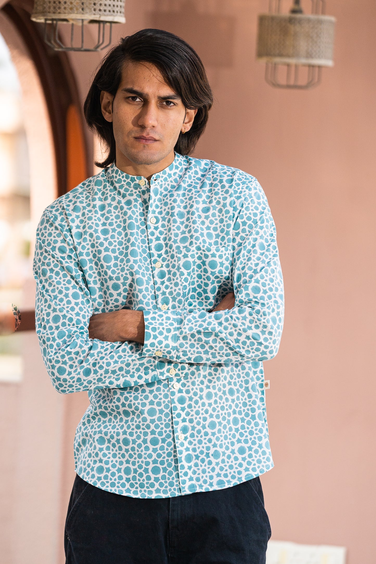 Full Sleeve Indian Hand Block Print Shirt Elegant Aqua Blue Printed Mandarin Collar Shirt 100% Cotton Fabric