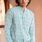 Full Sleeve Indian Hand Block Print Shirt Elegant Aqua Blue Printed Mandarin Collar Shirt 100% Cotton Fabric