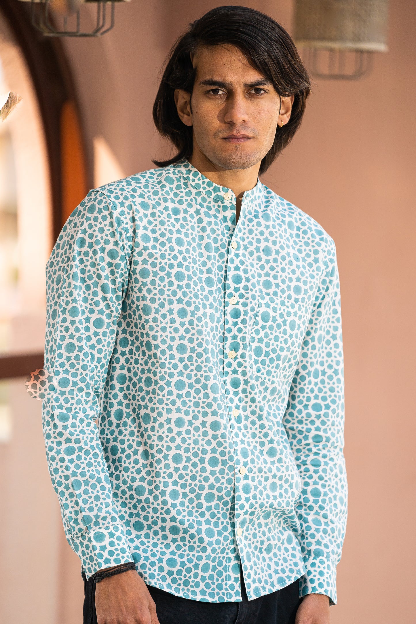 Full Sleeve Indian Hand Block Print Shirt Elegant Aqua Blue Printed Mandarin Collar Shirt 100% Cotton Fabric