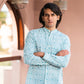 Full Sleeve Indian Hand Block Print Shirt Elegant Aqua Blue Printed Mandarin Collar Shirt 100% Cotton Fabric