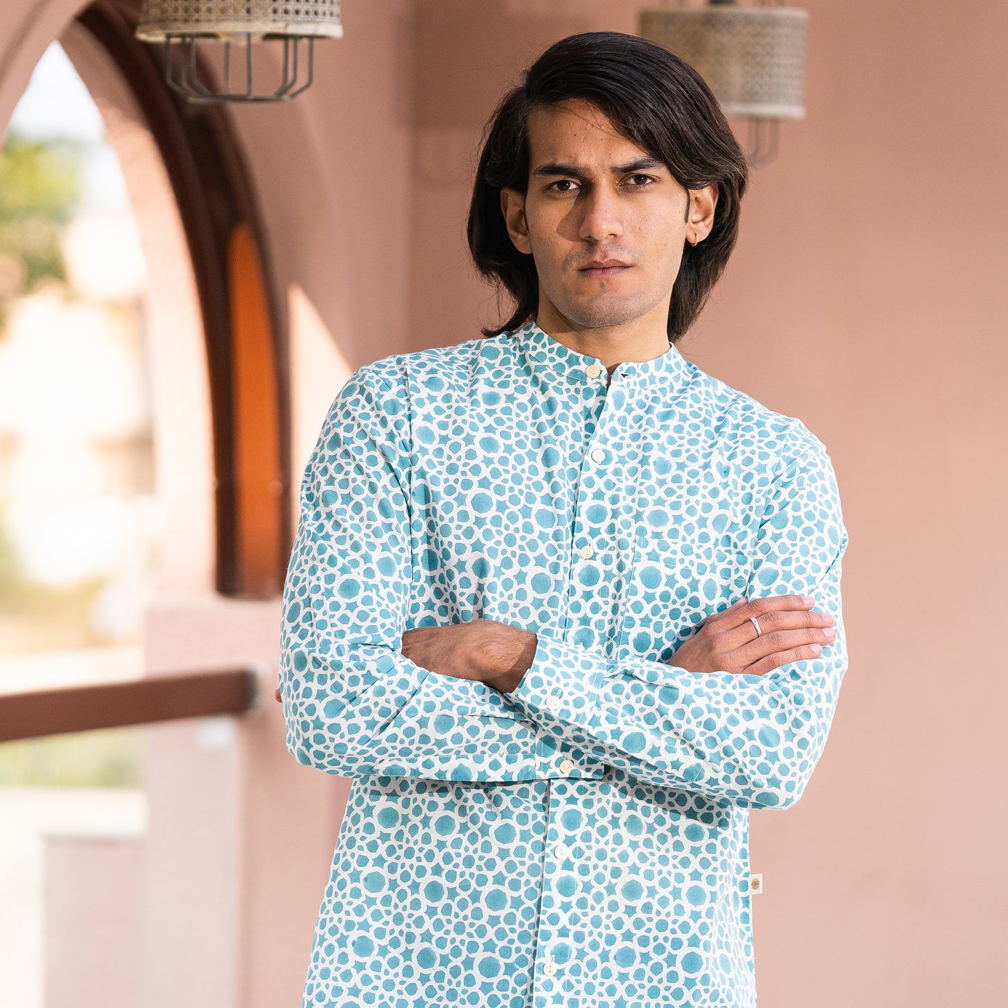 Full Sleeve Indian Hand Block Print Shirt Elegant Aqua Blue Printed Mandarin Collar Shirt 100% Cotton Fabric