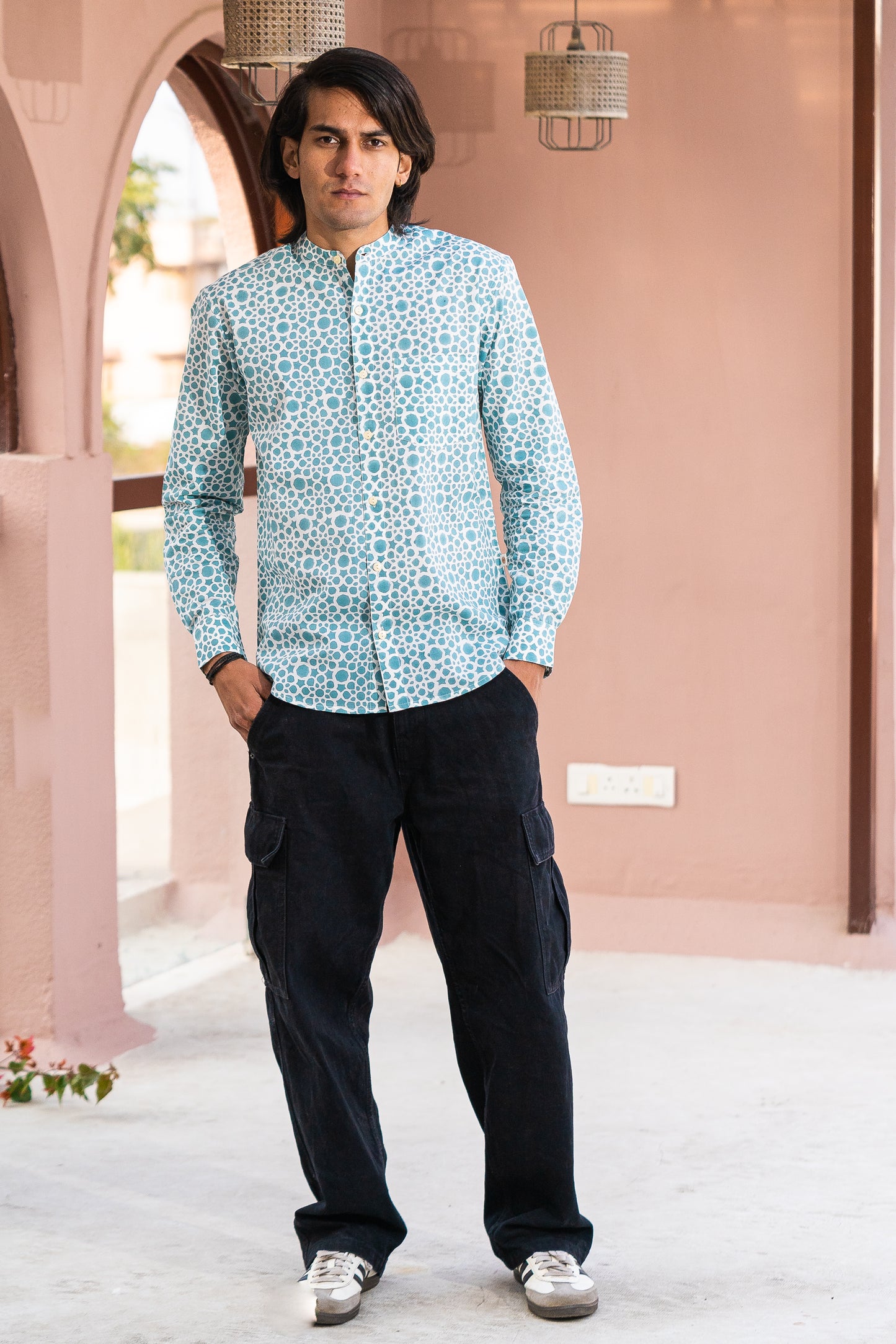 Full Sleeve Indian Hand Block Print Shirt Elegant Aqua Blue Printed Mandarin Collar Shirt 100% Cotton Fabric