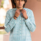 Full Sleeve Indian Hand Block Print Shirt Elegant Aqua Blue Printed Mandarin Collar Shirt 100% Cotton Fabric