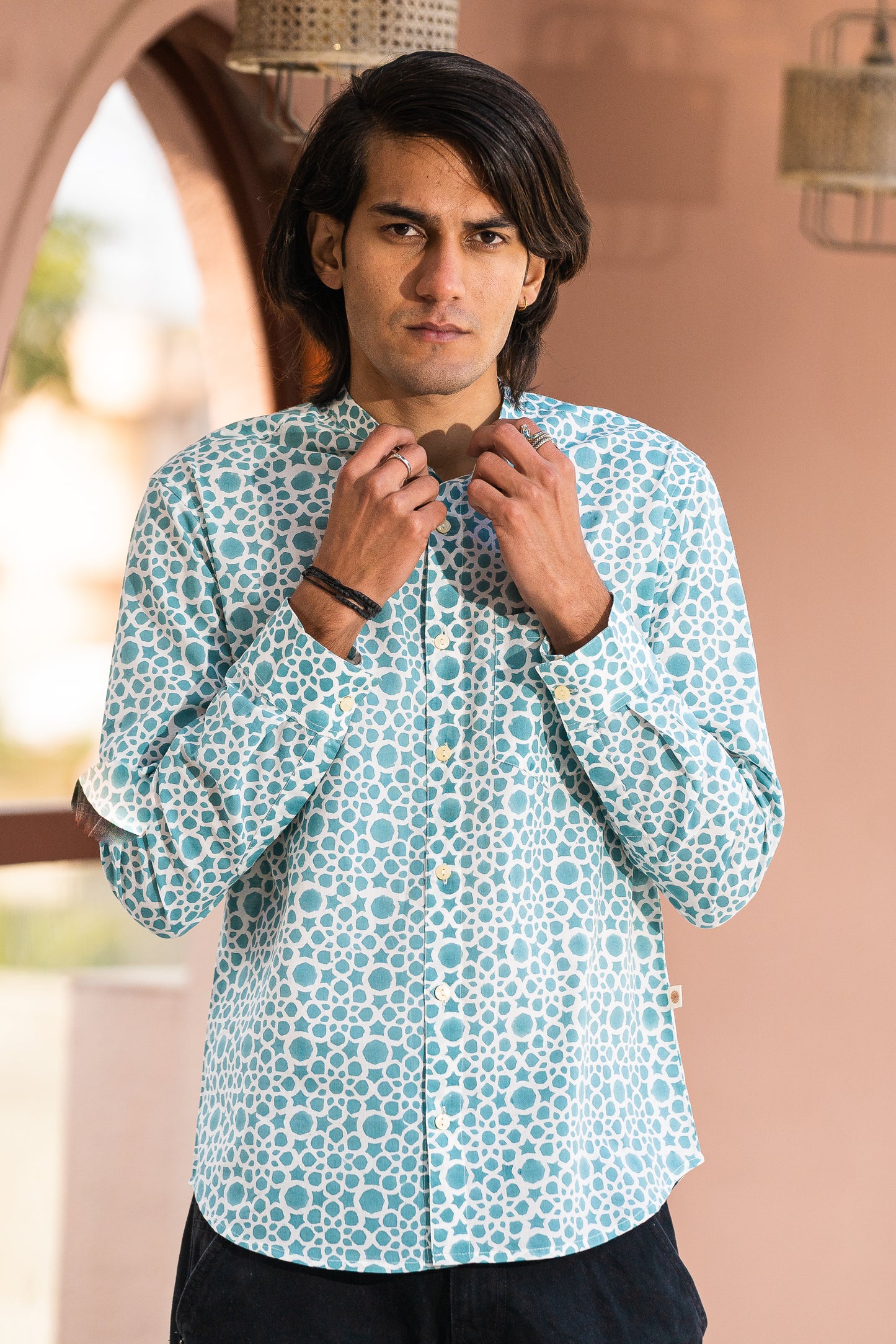 Full Sleeve Indian Hand Block Print Shirt Elegant Aqua Blue Printed Mandarin Collar Shirt 100% Cotton Fabric