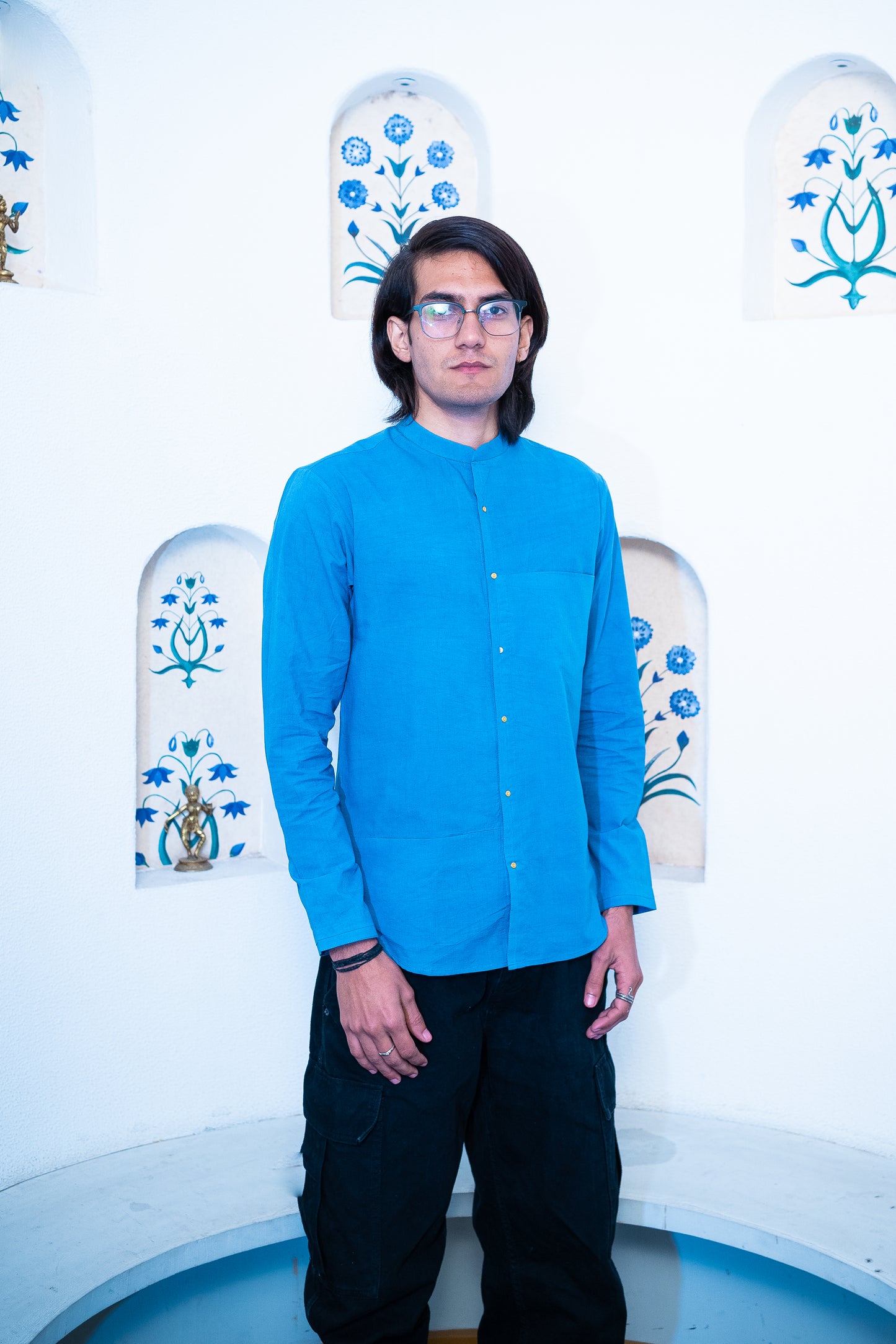 Full Sleeve Indian Classic Stylish Sky Blue Mandarin Collar Shirt for Men