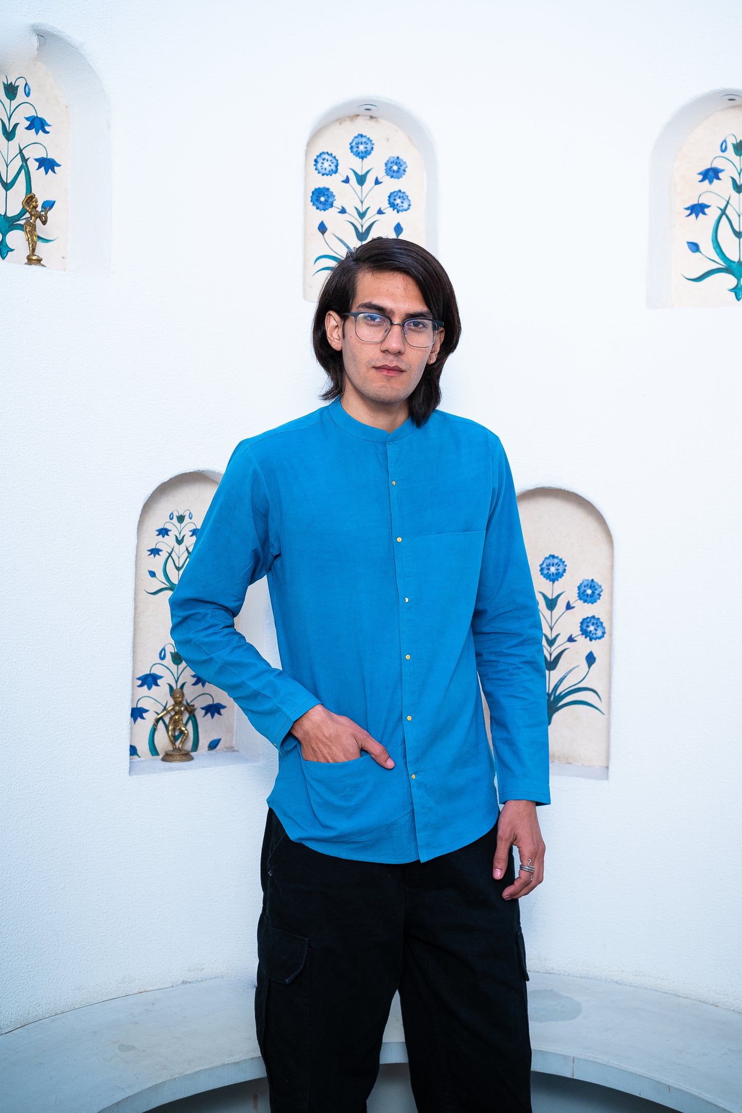 Full Sleeve Indian Classic Stylish Sky Blue Mandarin Collar Shirt for Men