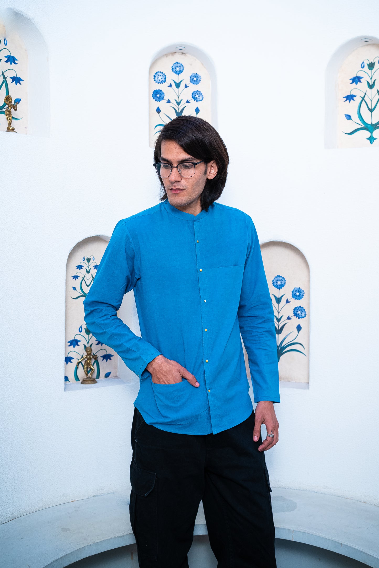 Full Sleeve Indian Classic Stylish Sky Blue Mandarin Collar Shirt for Men
