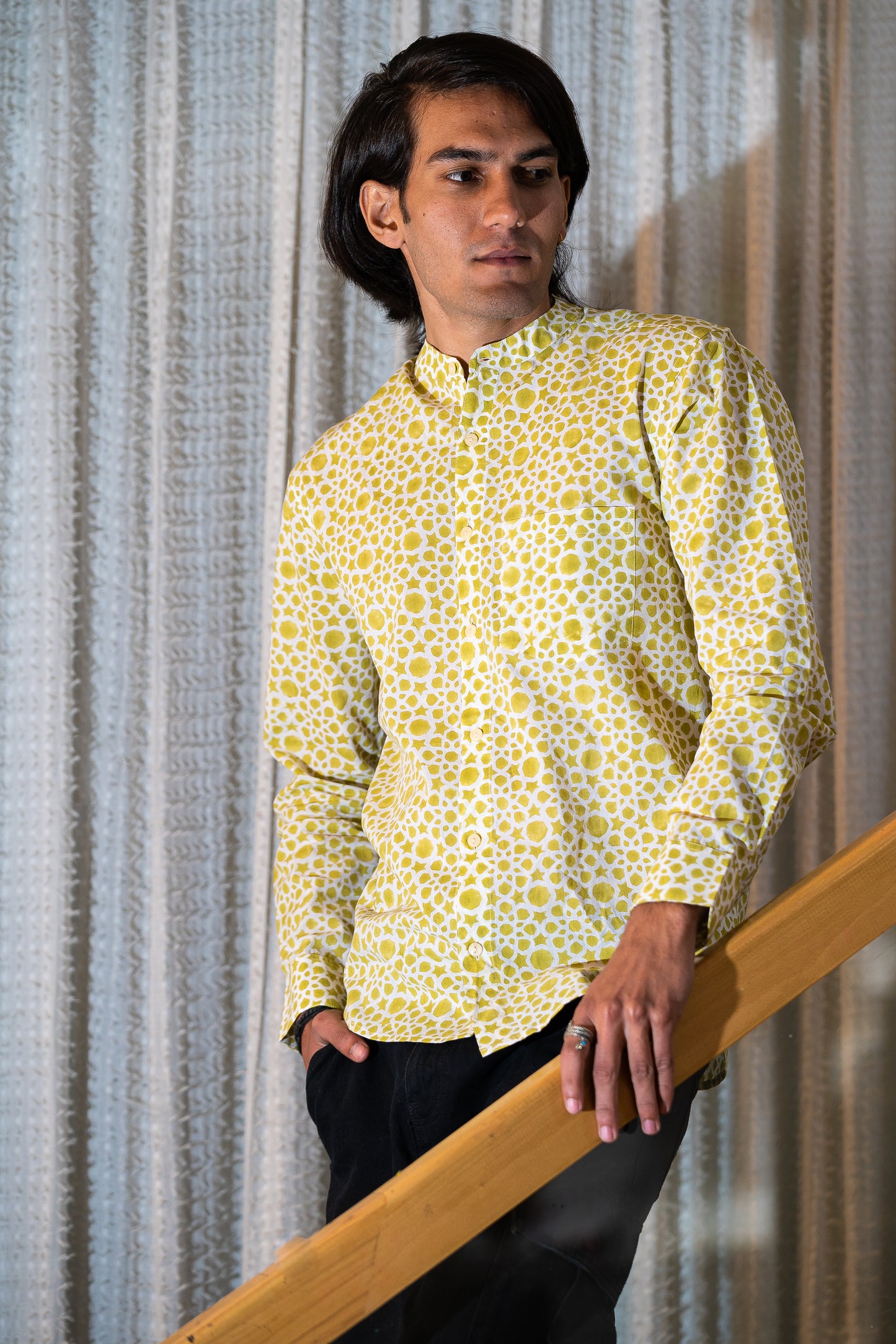 Full Sleeve Indian Hand Block Print Bright Yellow Geometric Print Mandarin Collar Shirt for Men  Shirt 100% Cotton Fabric