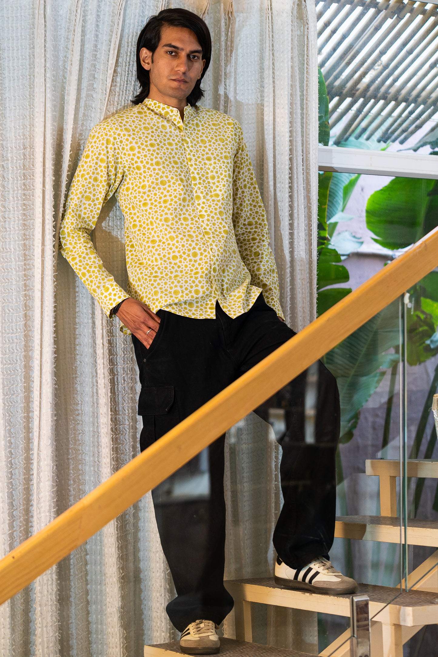 Full Sleeve Indian Hand Block Print Bright Yellow Geometric Print Mandarin Collar Shirt for Men  Shirt 100% Cotton Fabric