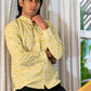 Full Sleeve Indian Hand Block Print Bright Yellow Geometric Print Mandarin Collar Shirt for Men  Shirt 100% Cotton Fabric