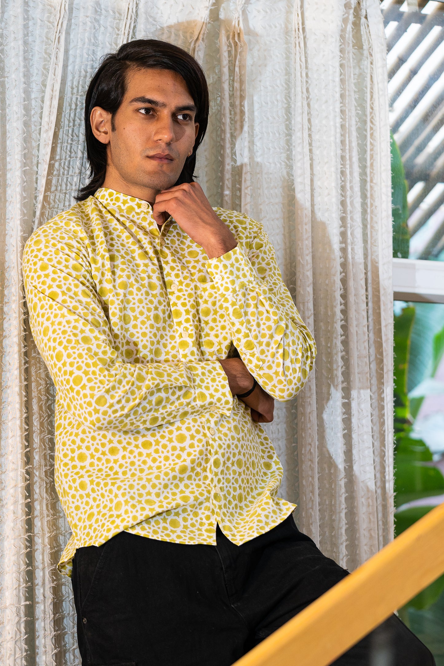 Full Sleeve Indian Hand Block Print Bright Yellow Geometric Print Mandarin Collar Shirt for Men  Shirt 100% Cotton Fabric