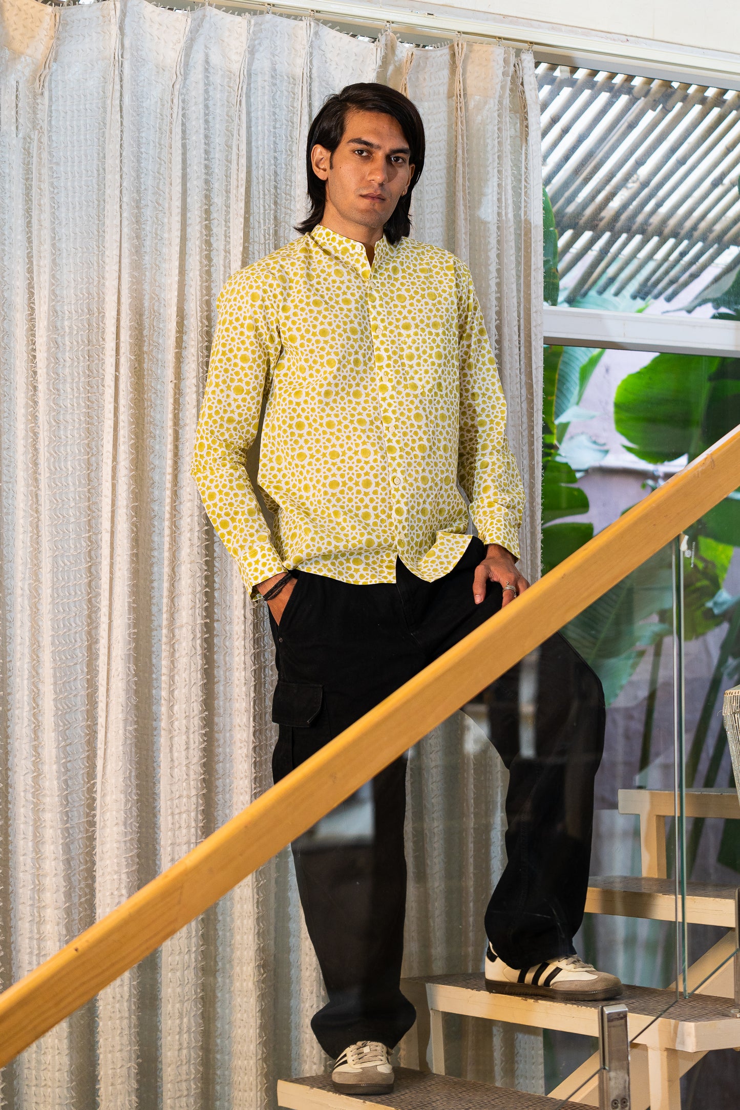 Full Sleeve Indian Hand Block Print Bright Yellow Geometric Print Mandarin Collar Shirt for Men  Shirt 100% Cotton Fabric