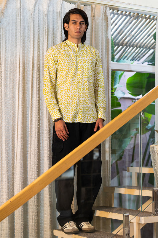 Full Sleeve Indian Hand Block Print Bright Yellow Geometric Print Mandarin Collar Shirt for Men  Shirt 100% Cotton Fabric