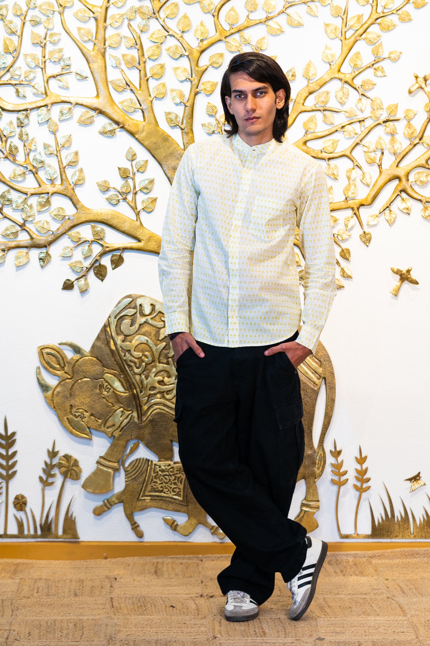 Full Sleeve Indian Hand Block Print Shirt Golden Dot Print Mandarin Shirt 100% Cotton Fabric