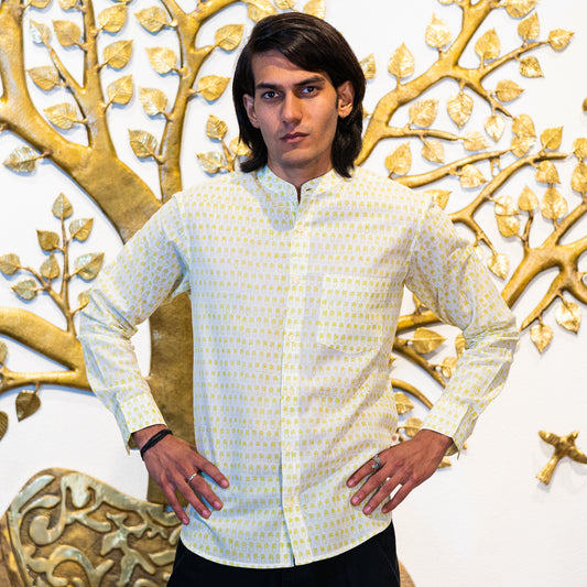 Full Sleeve Indian Hand Block Print Shirt Golden Dot Print Mandarin Shirt 100% Cotton Fabric