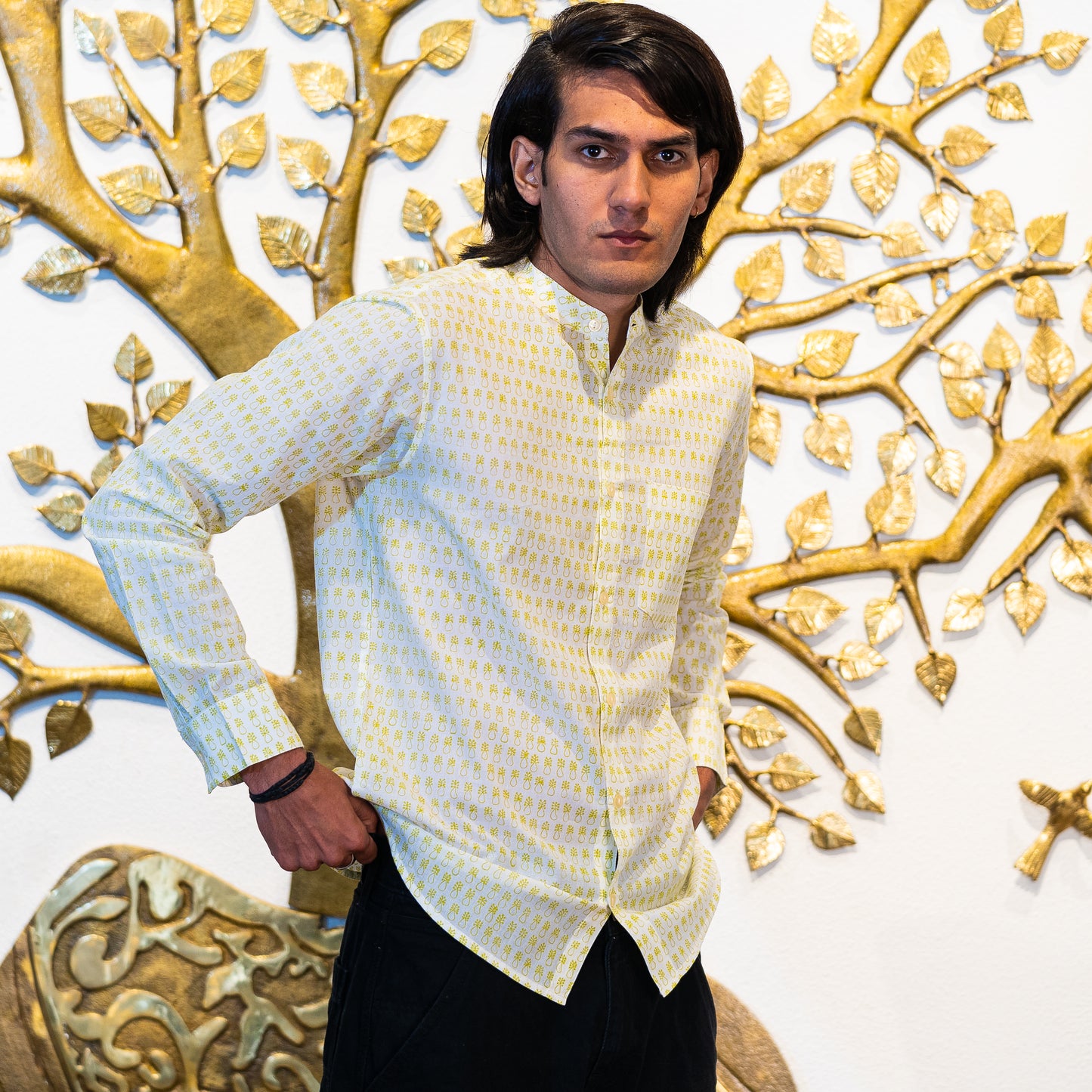 Full Sleeve Indian Hand Block Print Shirt Golden Dot Print Mandarin Shirt 100% Cotton Fabric