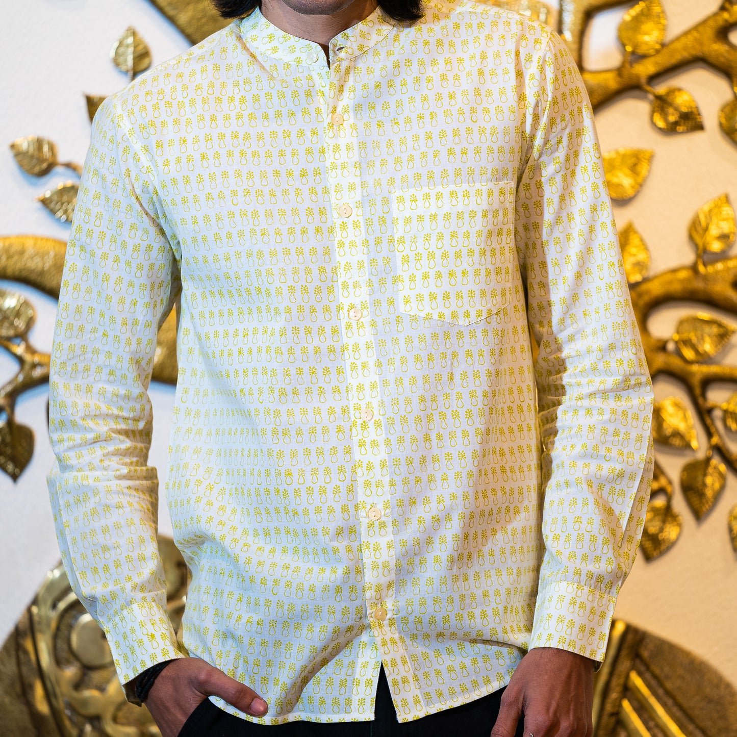 Full Sleeve Indian Hand Block Print Shirt Golden Dot Print Mandarin Shirt 100% Cotton Fabric