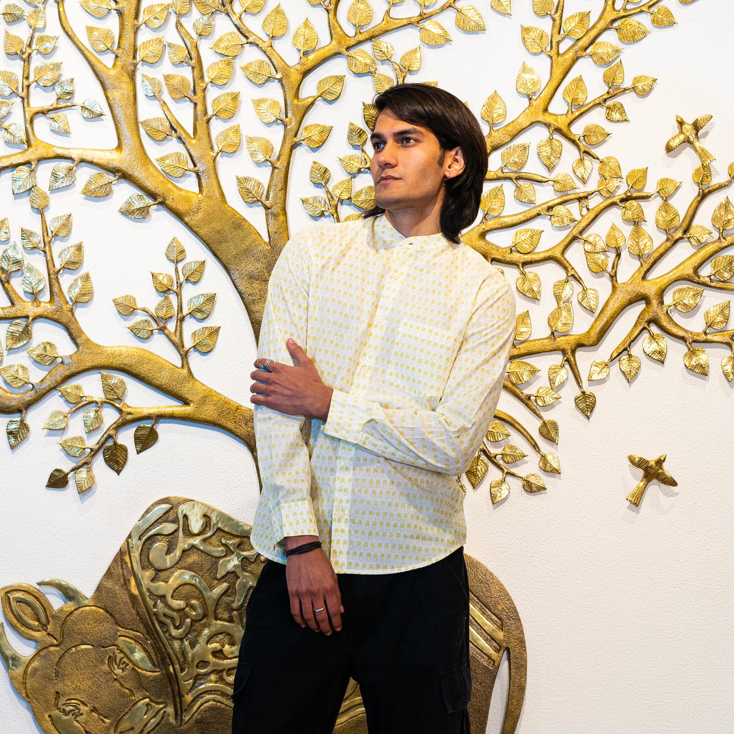 Full Sleeve Indian Hand Block Print Shirt Golden Dot Print Mandarin Shirt 100% Cotton Fabric