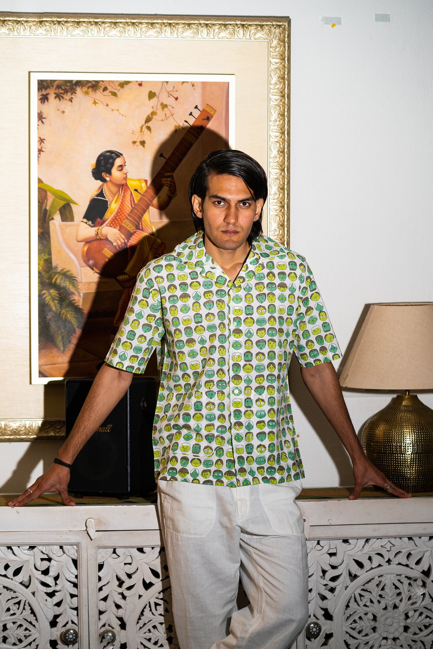 half sleeve Indian Hand Block Print  Green Cartoon Face Print Shirt – Trendy & Eye-Catching Style  100% Cotton Fabric