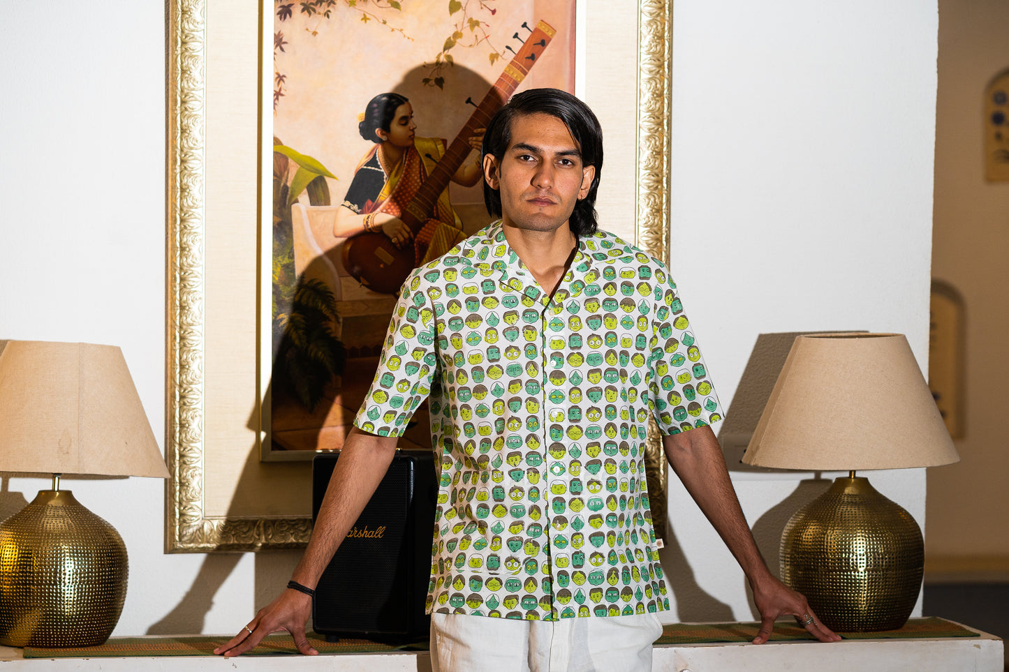 half sleeve Indian Hand Block Print  Green Cartoon Face Print Shirt – Trendy & Eye-Catching Style  100% Cotton Fabric