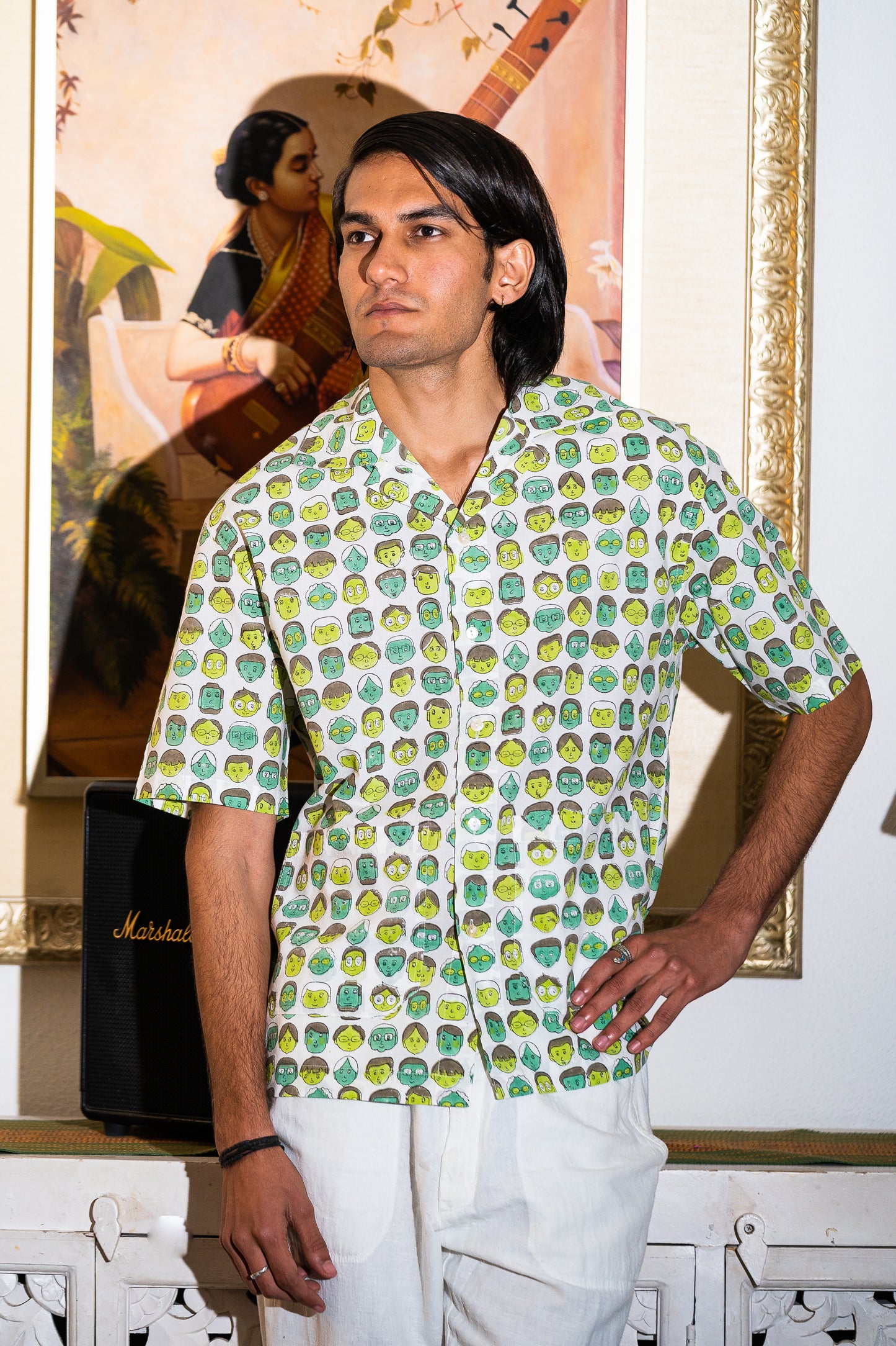 half sleeve Indian Hand Block Print  Green Cartoon Face Print Shirt – Trendy & Eye-Catching Style  100% Cotton Fabric