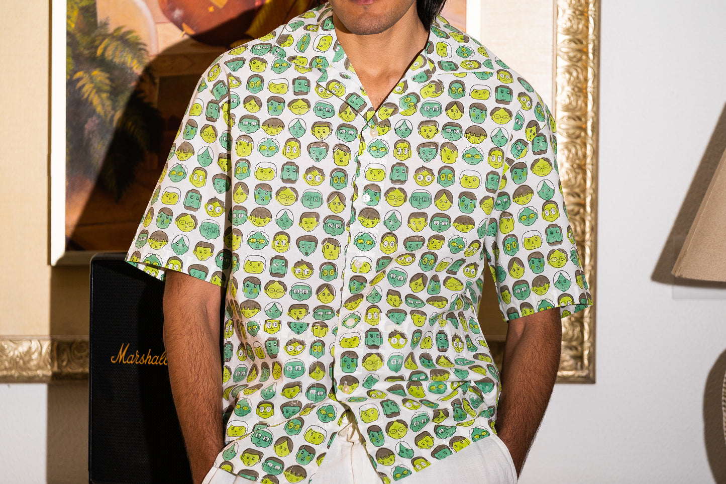 half sleeve Indian Hand Block Print  Green Cartoon Face Print Shirt – Trendy & Eye-Catching Style  100% Cotton Fabric