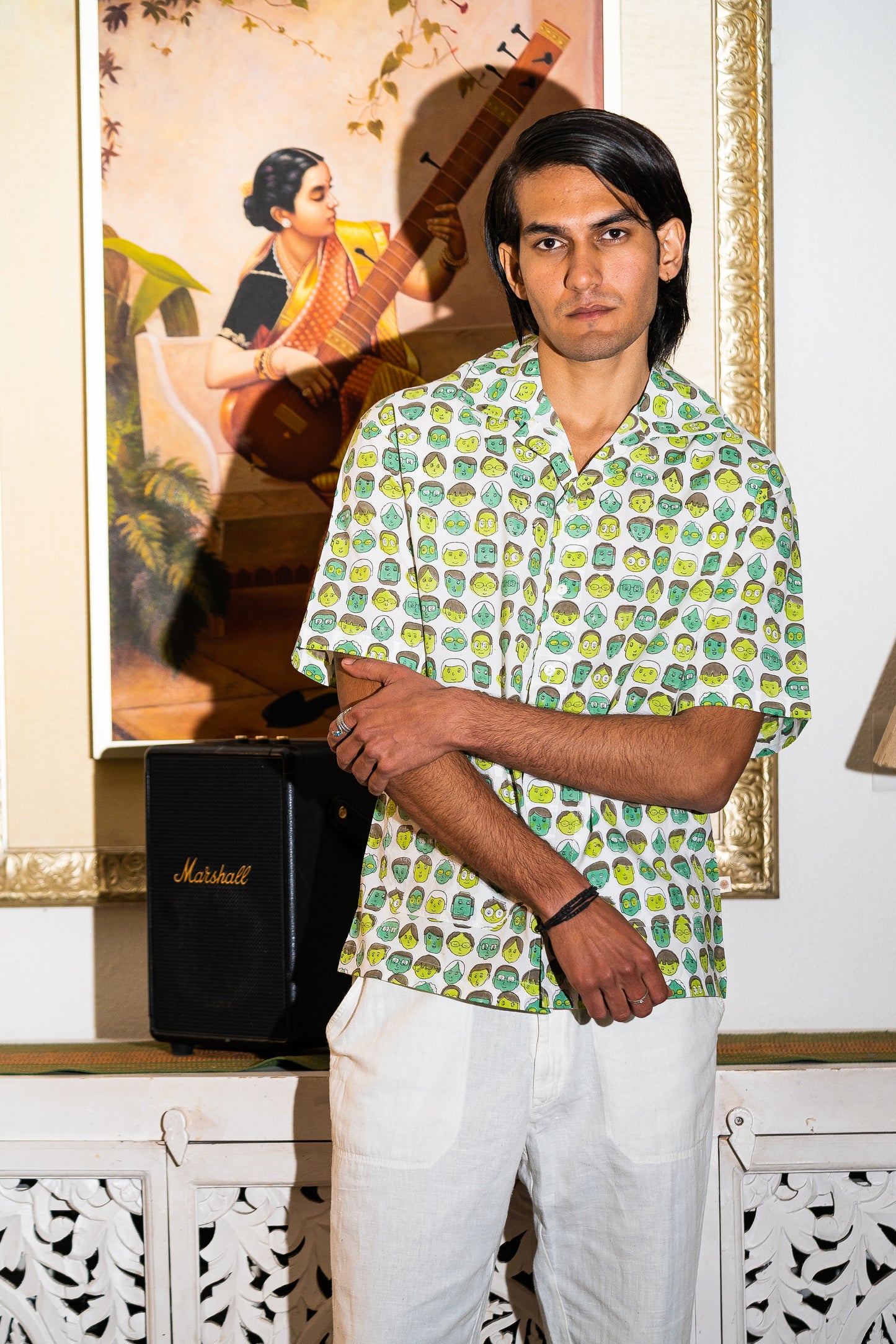 half sleeve Indian Hand Block Print  Green Cartoon Face Print Shirt – Trendy & Eye-Catching Style  100% Cotton Fabric