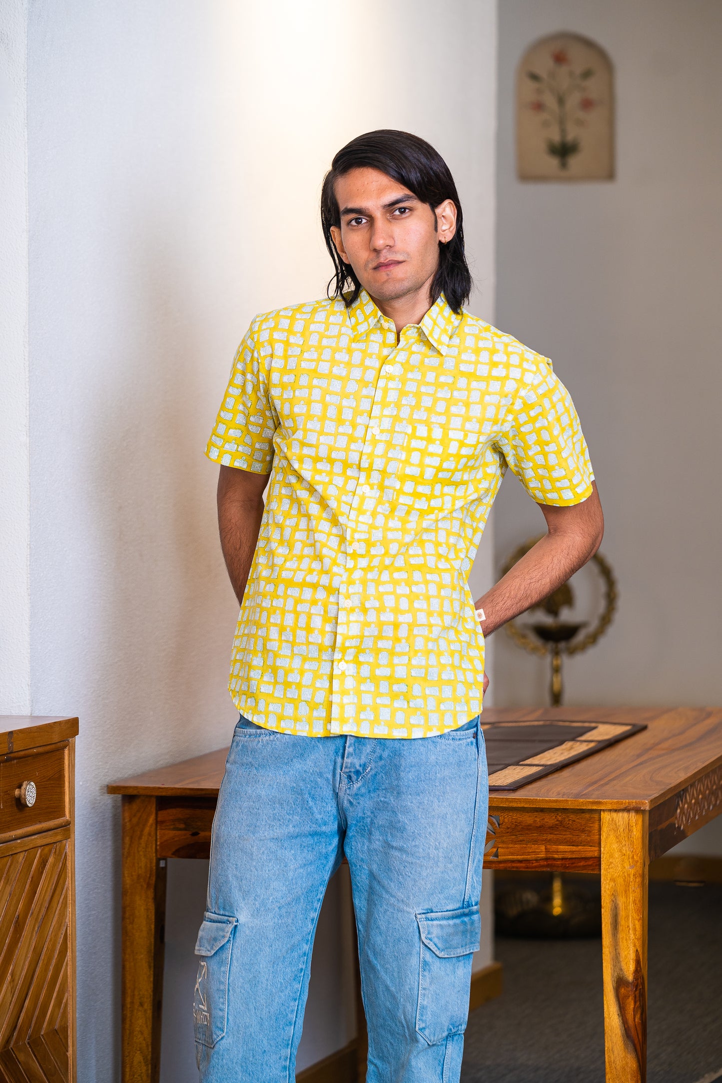 half sleeve Indian Hand Block Print Shirt  Sunlit Grid Print Casual Design Shirt 100% Cotton Fabric