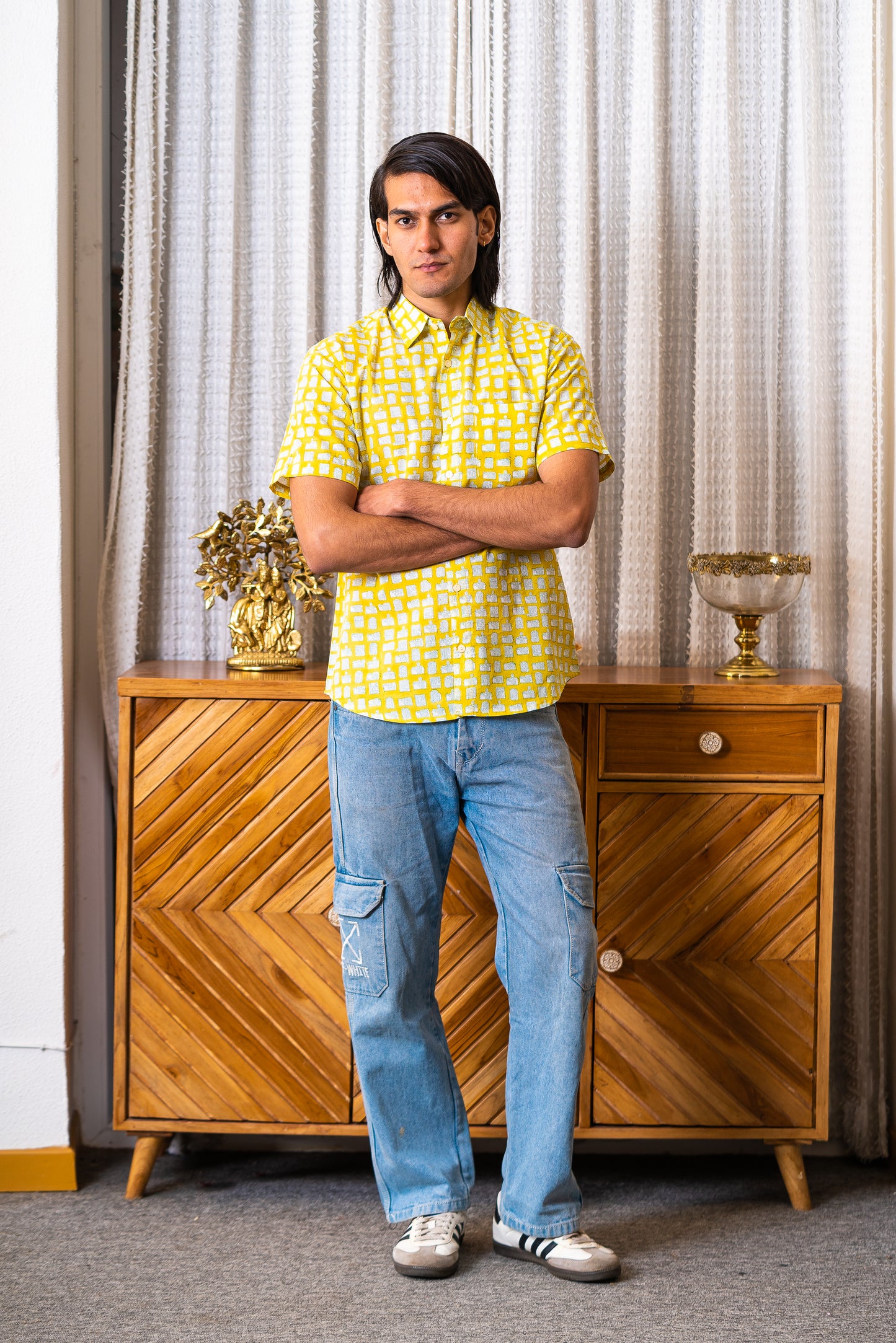 half sleeve Indian Hand Block Print Shirt  Sunlit Grid Print Casual Design Shirt 100% Cotton Fabric