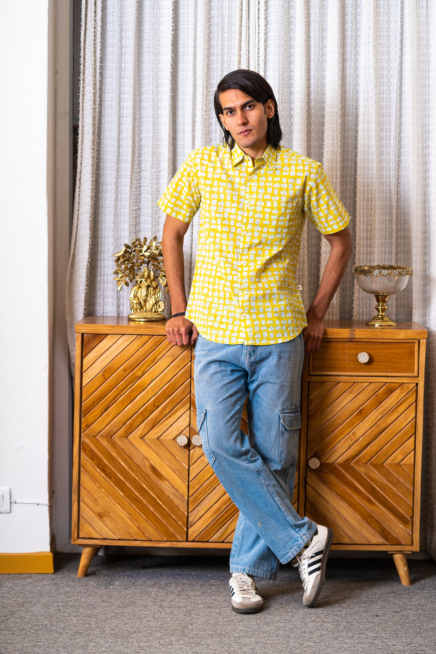 half sleeve Indian Hand Block Print Shirt  Sunlit Grid Print Casual Design Shirt 100% Cotton Fabric