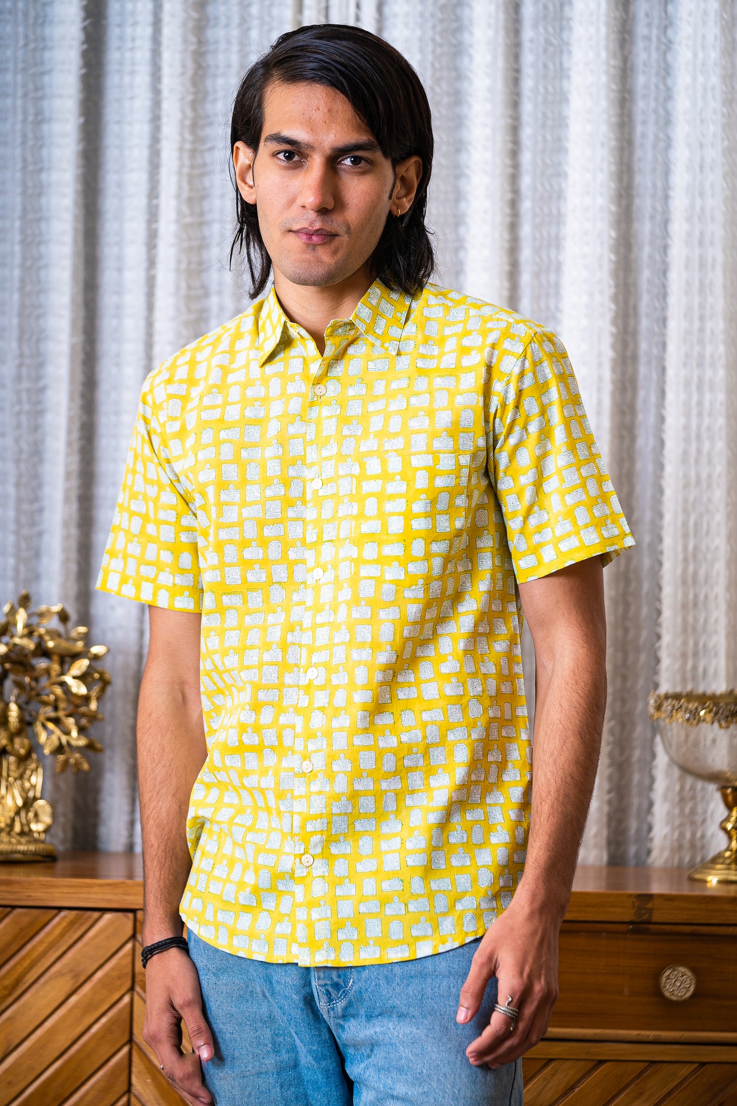 half sleeve Indian Hand Block Print Shirt  Sunlit Grid Print Casual Design Shirt 100% Cotton Fabric