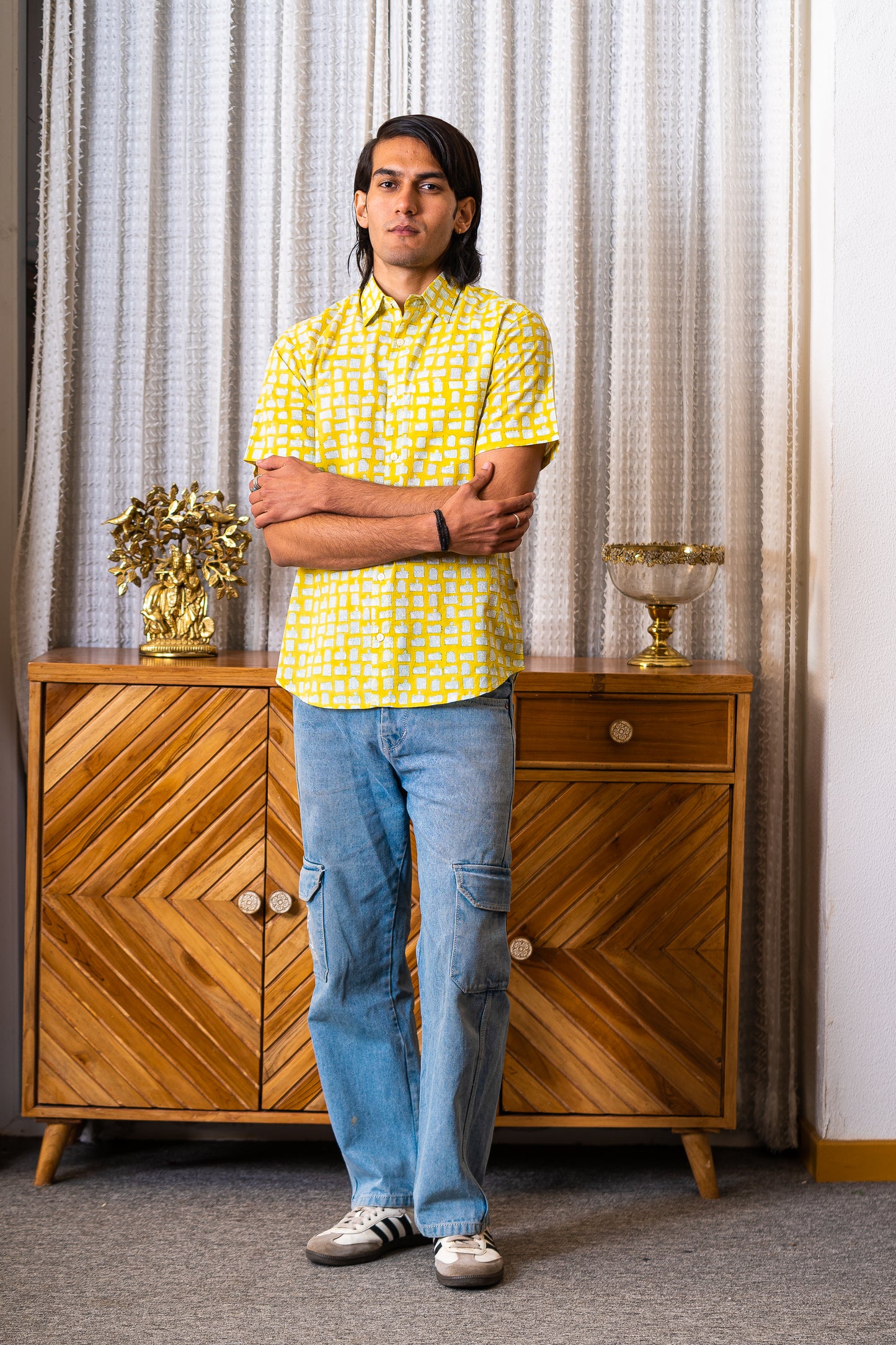 half sleeve Indian Hand Block Print Shirt  Sunlit Grid Print Casual Design Shirt 100% Cotton Fabric