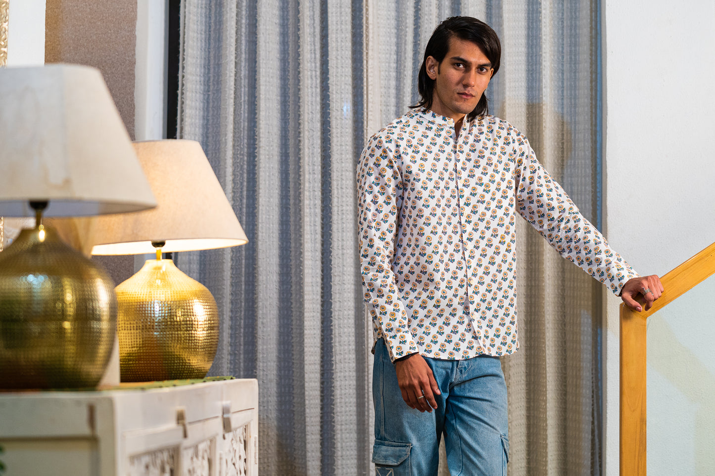 Full Sleeve Indian Hand Block Print Shirt Sunflower Buti Print Mandarin Collar Shirt 100% Cotton Fabric