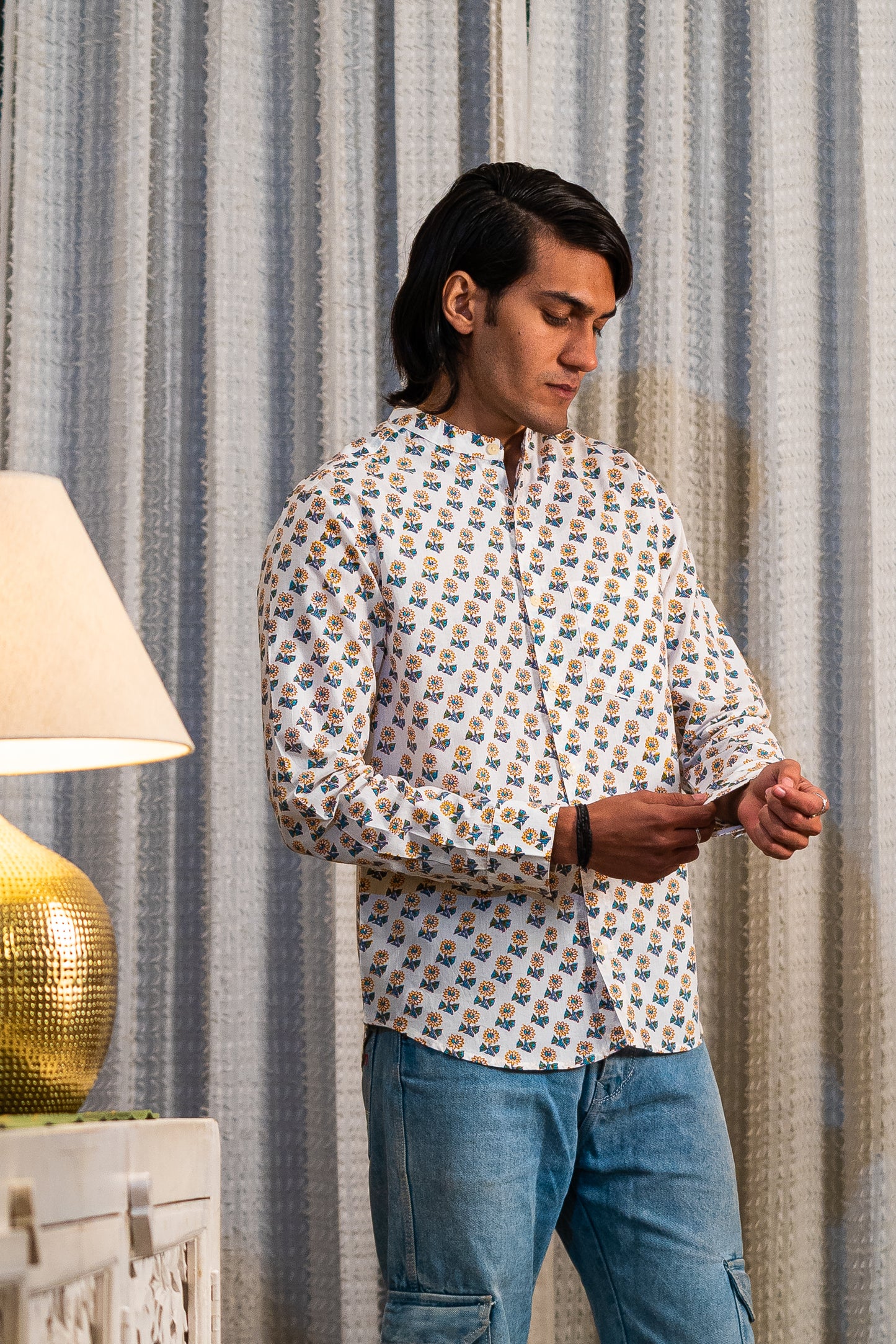 Full Sleeve Indian Hand Block Print Shirt Sunflower Buti Print Mandarin Collar Shirt 100% Cotton Fabric