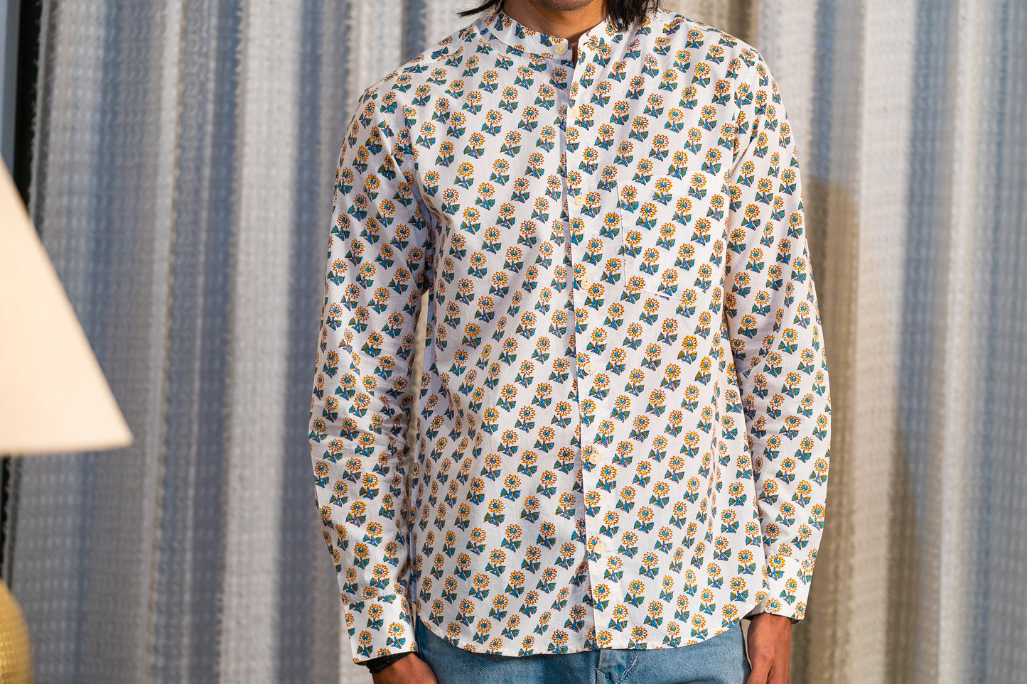 Full Sleeve Indian Hand Block Print Shirt Sunflower Buti Print Mandarin Collar Shirt 100% Cotton Fabric