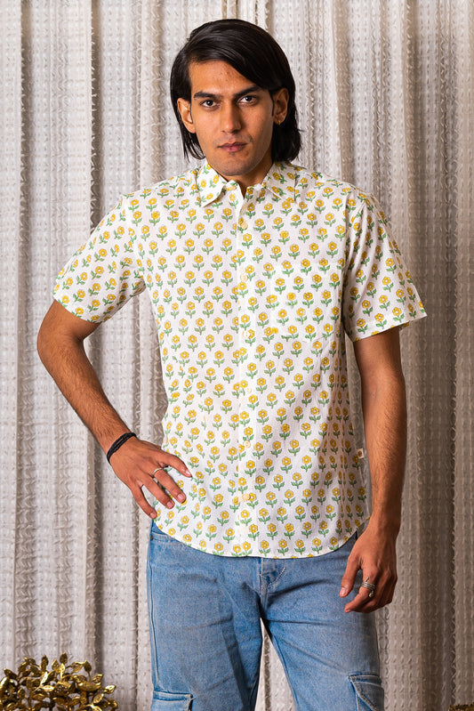 half sleeve Indian Hand Block Print Shirt  Blooming Daisy Print Casual Shirt 100% Cotton Fabric