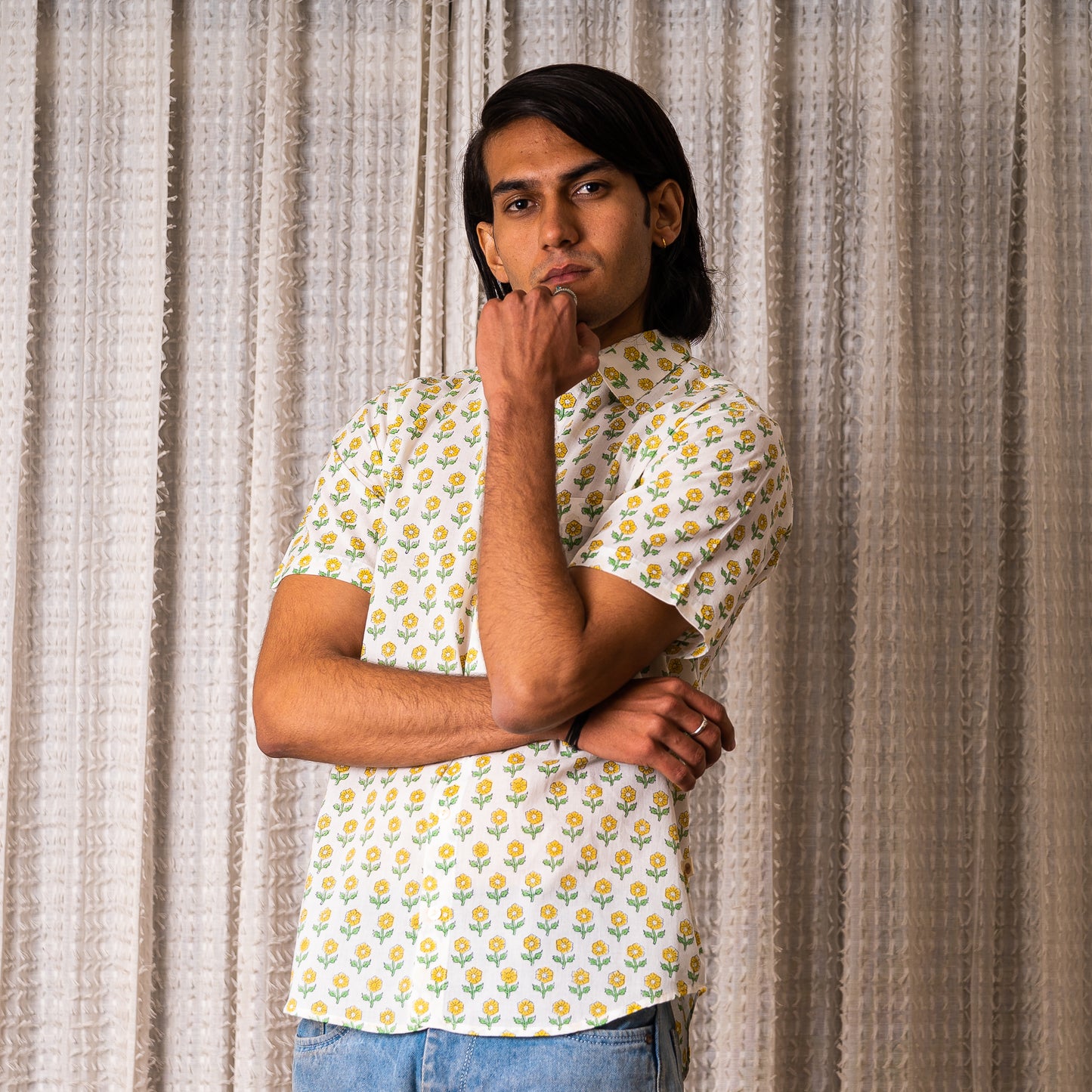 half sleeve Indian Hand Block Print Shirt  Blooming Daisy Print Casual Shirt 100% Cotton Fabric