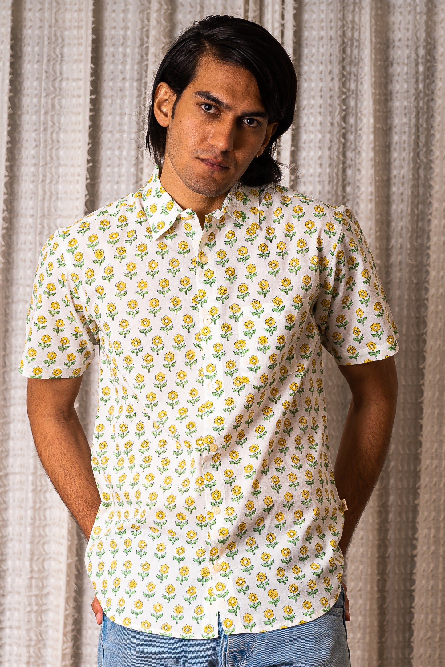 half sleeve Indian Hand Block Print Shirt  Blooming Daisy Print Casual Shirt 100% Cotton Fabric
