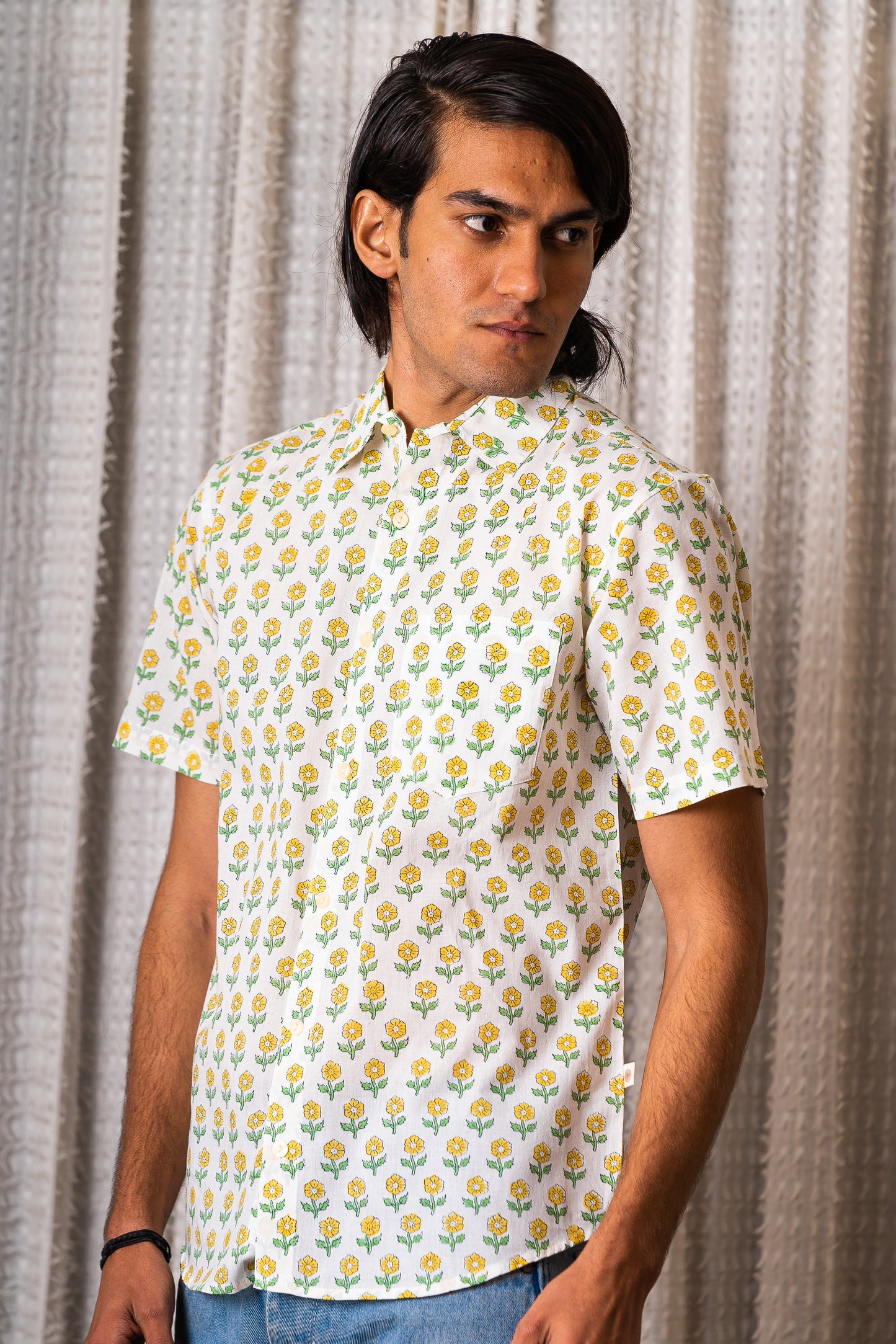 half sleeve Indian Hand Block Print Shirt  Blooming Daisy Print Casual Shirt 100% Cotton Fabric