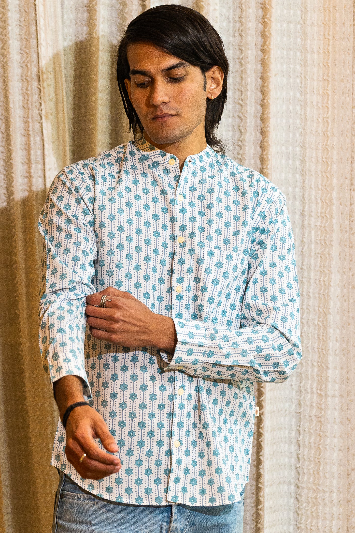 Full Sleeve Indian Hand Block Print Shirt Azure Geometric Buti Print Mandarin Shirt 100% Cotton Fabric