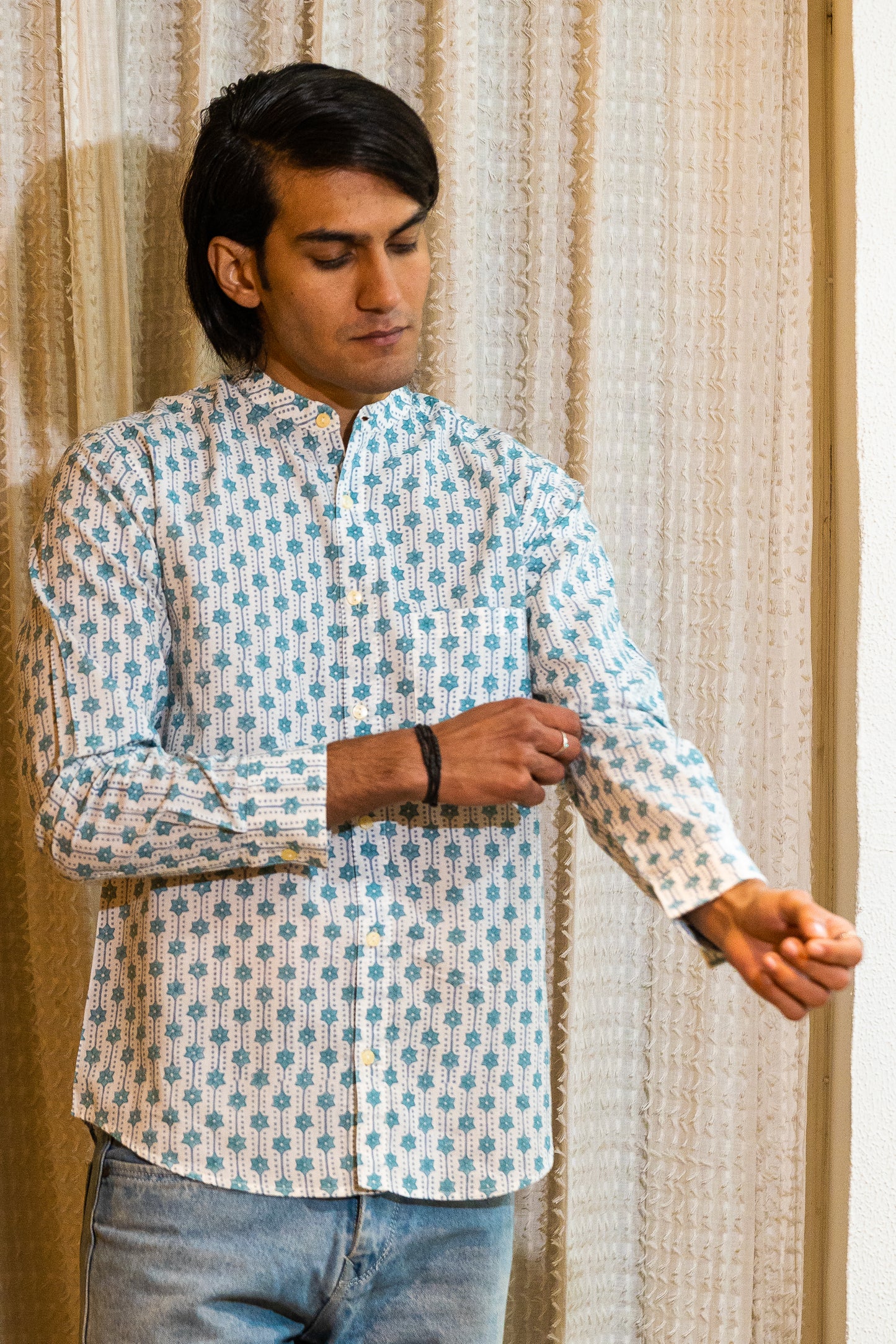 Full Sleeve Indian Hand Block Print Shirt Azure Geometric Buti Print Mandarin Shirt 100% Cotton Fabric