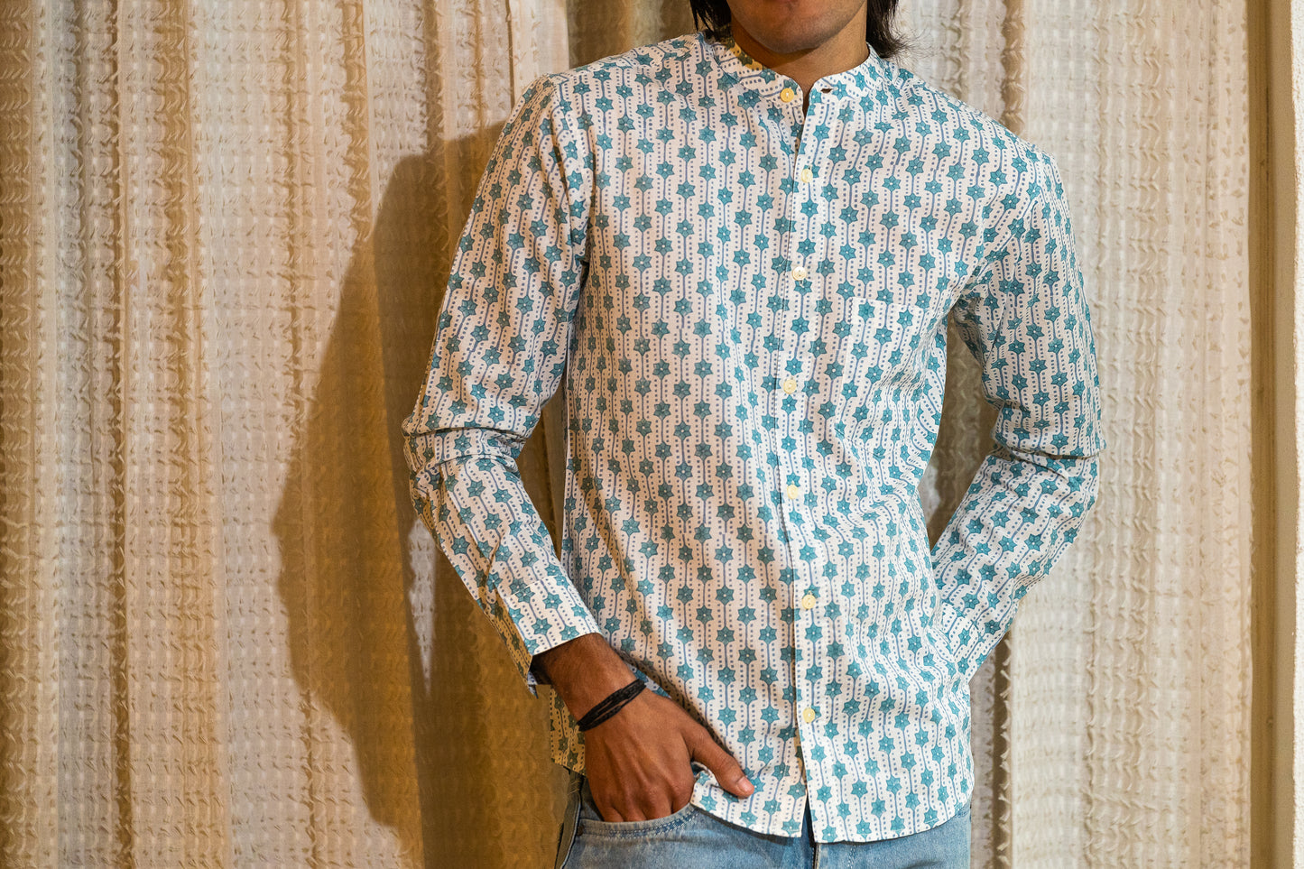 Full Sleeve Indian Hand Block Print Shirt Azure Geometric Buti Print Mandarin Shirt 100% Cotton Fabric