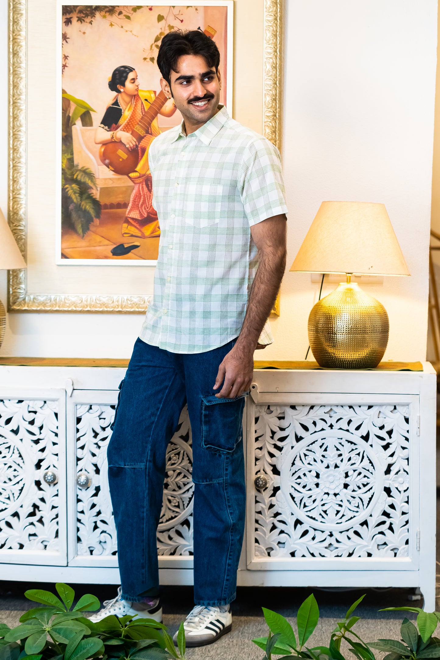 half sleeve Indian Hand Block Print Shirt  Mint Green Checkered Casual Shirt 100% Cotton Fabric
