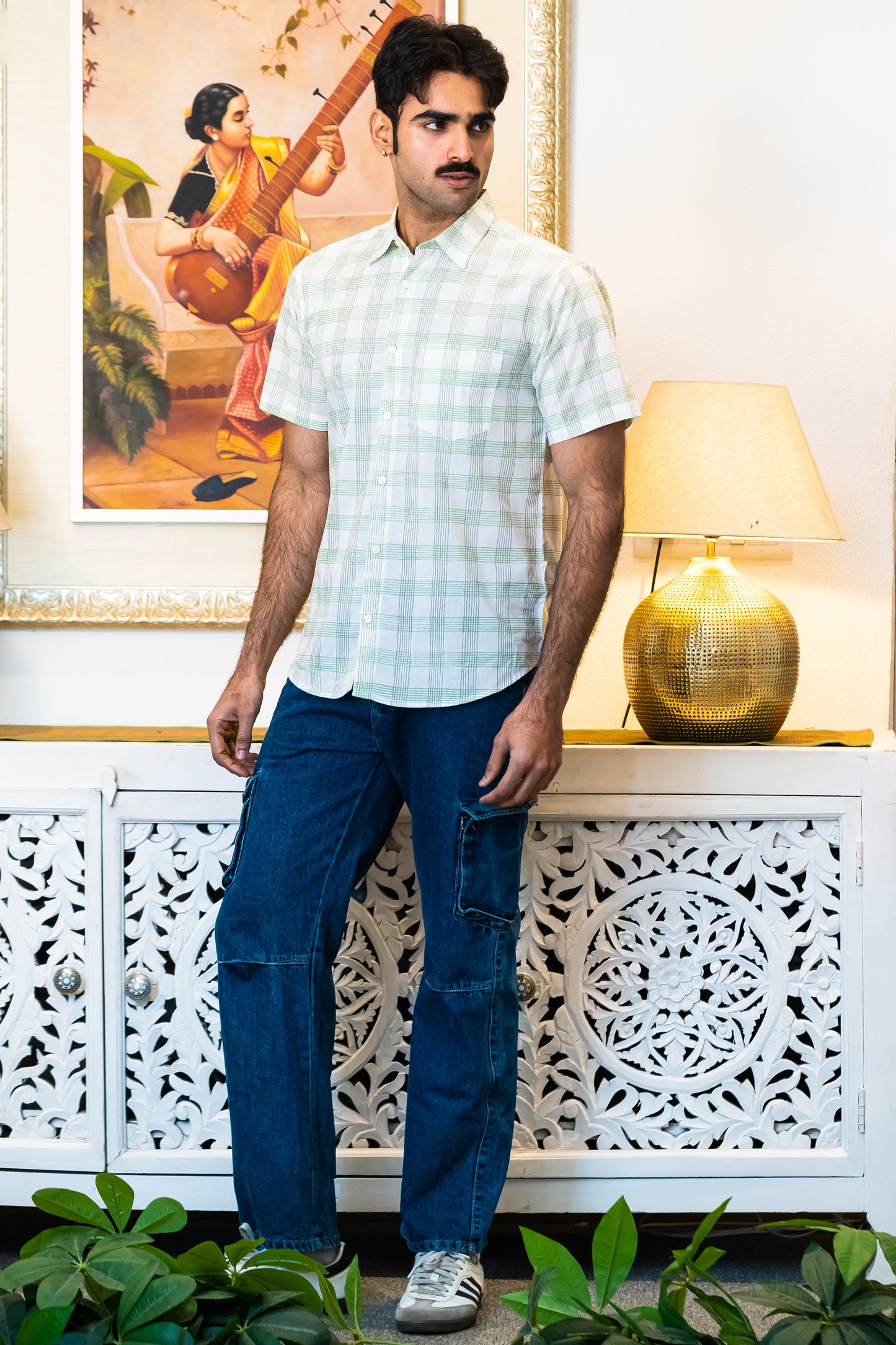 half sleeve Indian Hand Block Print Shirt  Mint Green Checkered Casual Shirt 100% Cotton Fabric