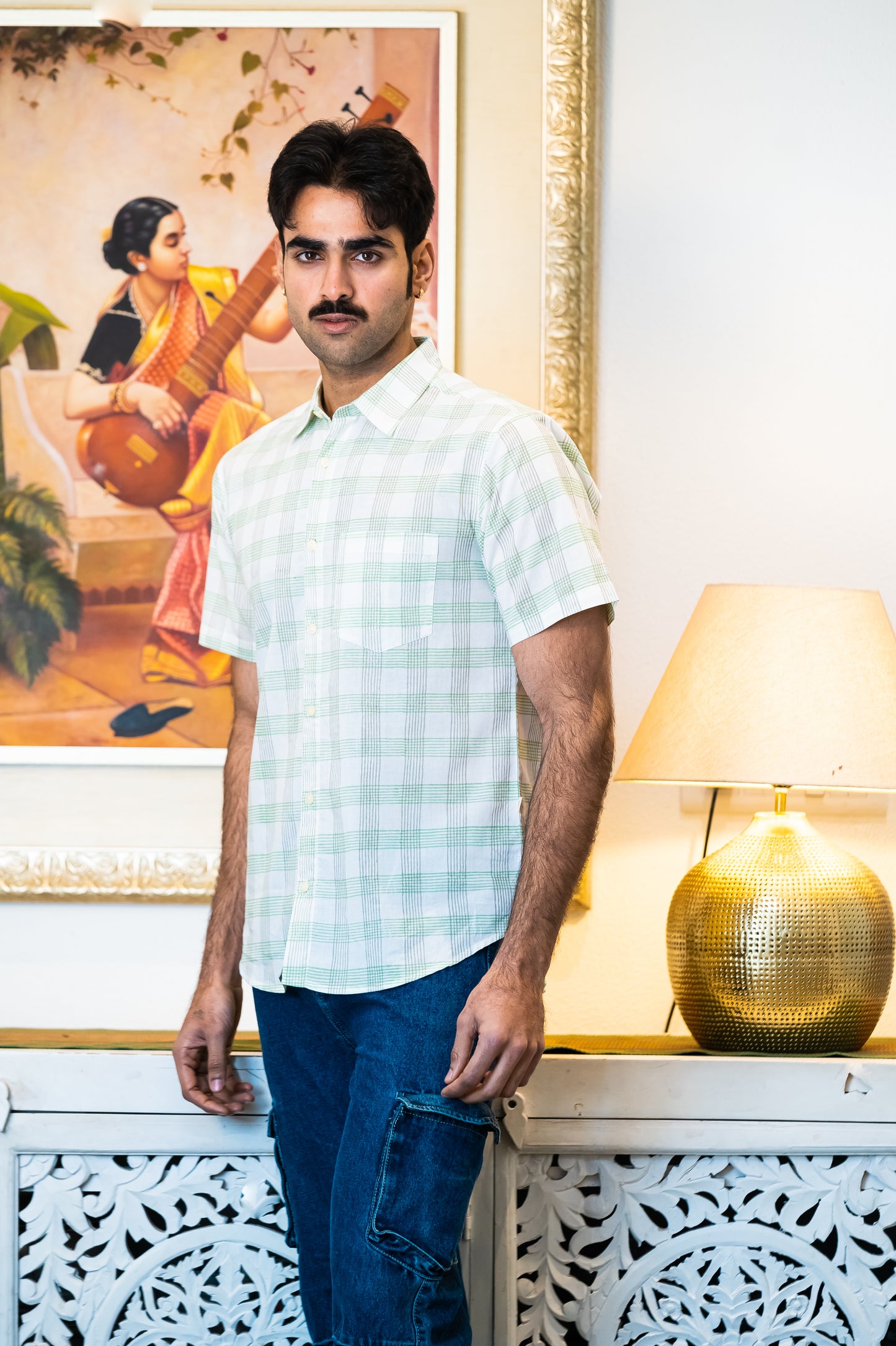 half sleeve Indian Hand Block Print Shirt  Mint Green Checkered Casual Shirt 100% Cotton Fabric