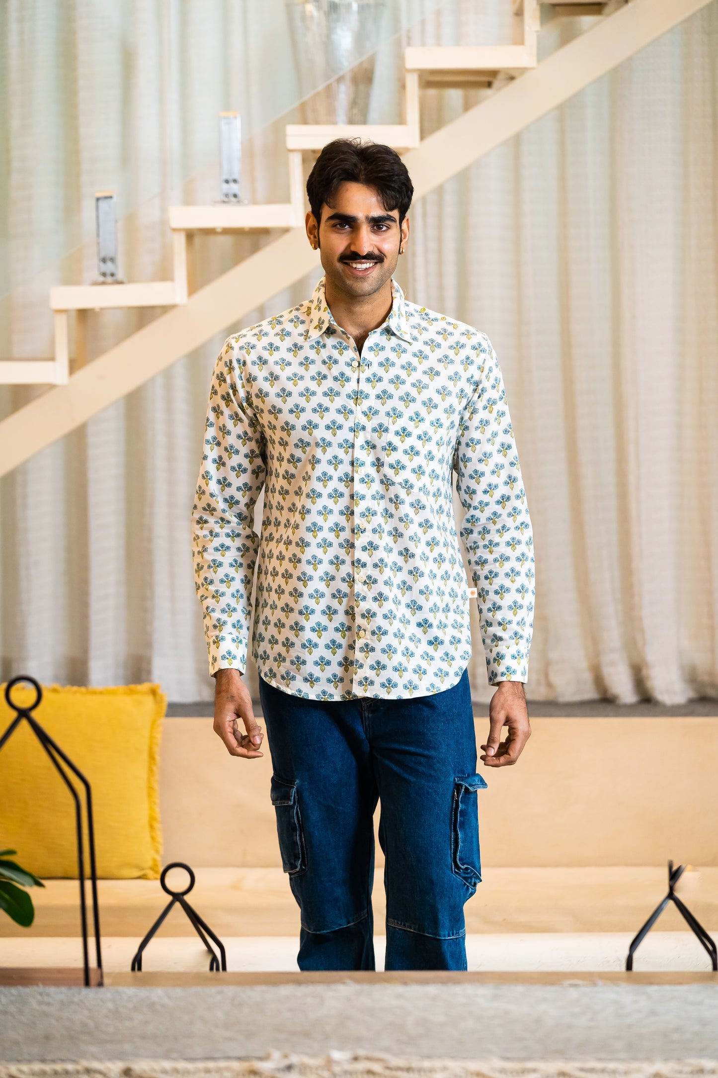Full Sleeve Indian Hand Block Print Shirt Indigo Floral Buti Print Classic Shirt 100% Cotton Fabric