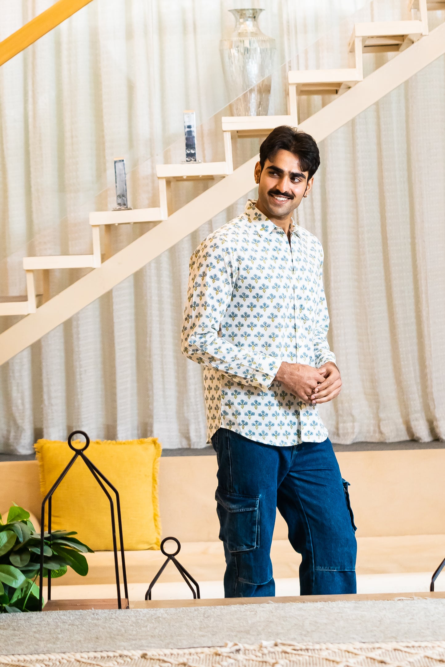 Full Sleeve Indian Hand Block Print Shirt Indigo Floral Buti Print Classic Shirt 100% Cotton Fabric