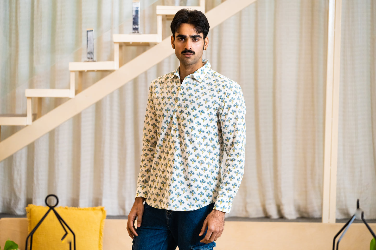 Full Sleeve Indian Hand Block Print Shirt Indigo Floral Buti Print Classic Shirt 100% Cotton Fabric