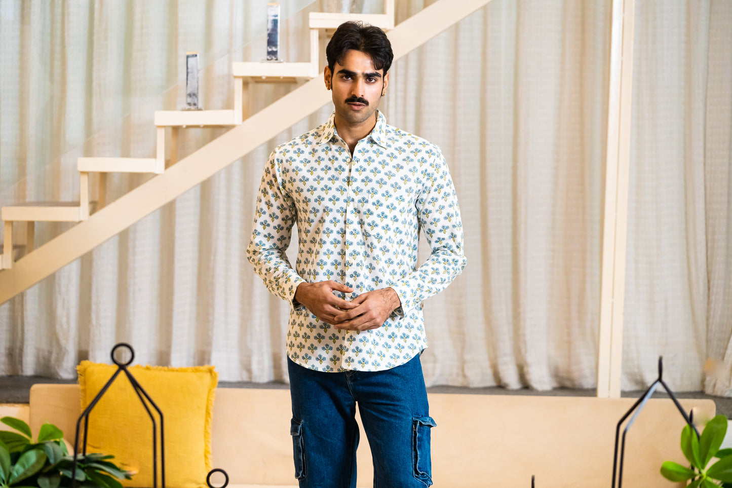 Full Sleeve Indian Hand Block Print Shirt Indigo Floral Buti Print Classic Shirt 100% Cotton Fabric