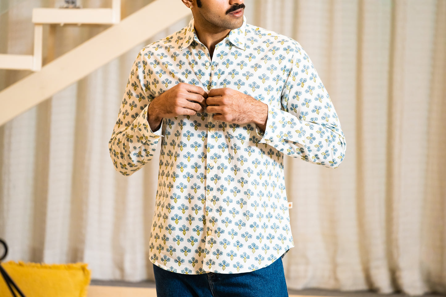 Full Sleeve Indian Hand Block Print Shirt Indigo Floral Buti Print Classic Shirt 100% Cotton Fabric